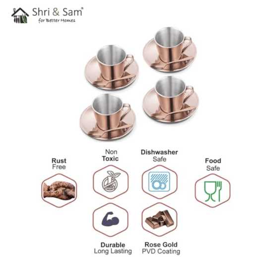Shri & Sam Stainless Steel with Rose Gold PVD Coating 4 Pieces Rise Double Wall Cup and Saucer Set - Image 3